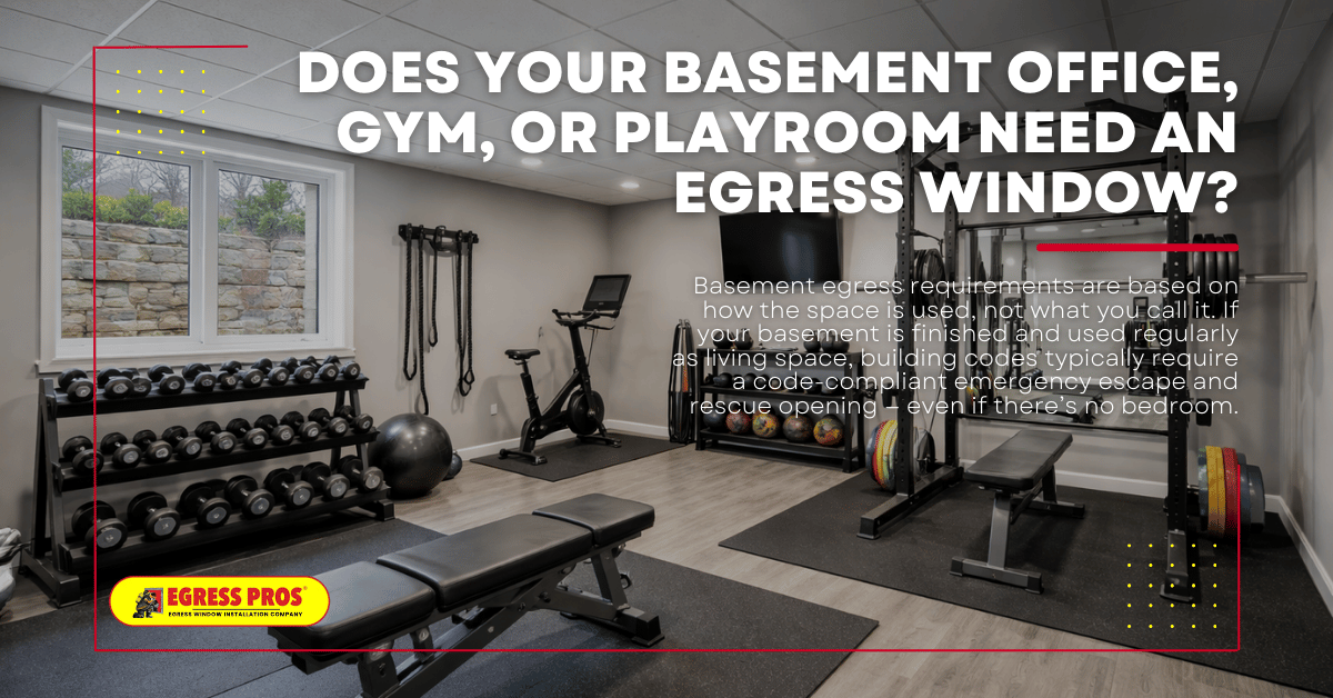 Finished basement home gym with an egress window providing emergency exit and natural light