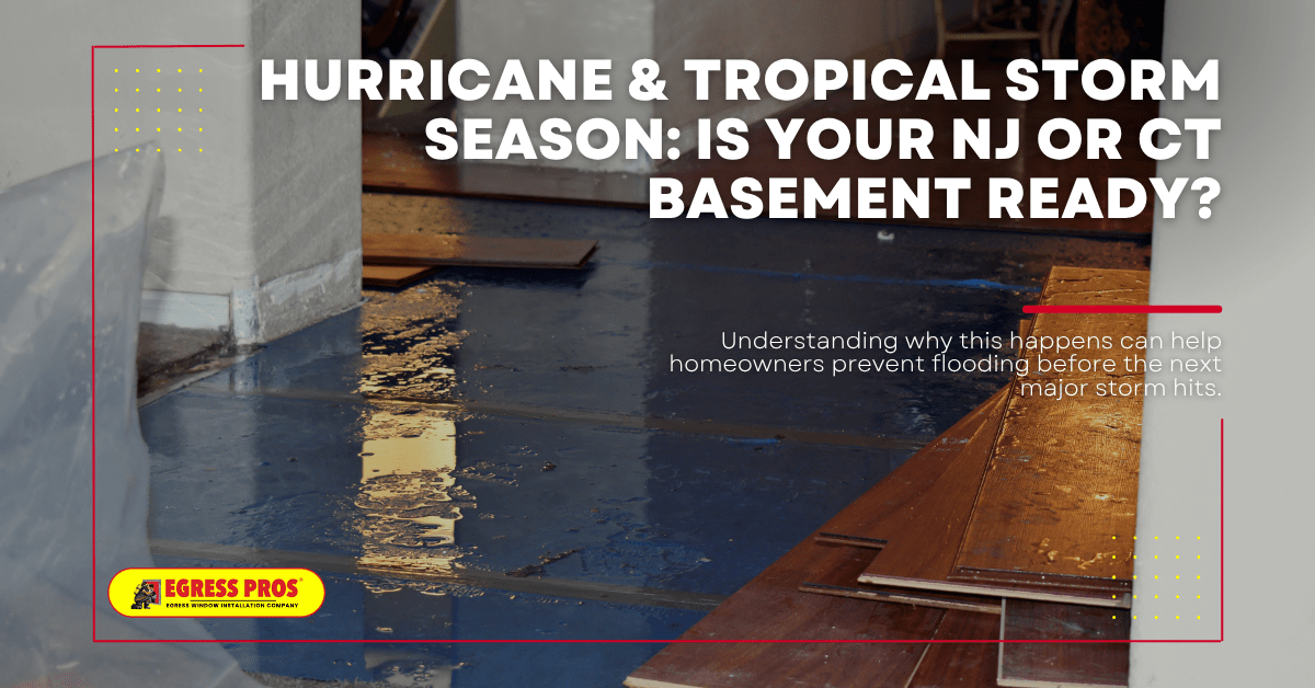 Basement window well with drainage system during heavy storm rain in New Jersey