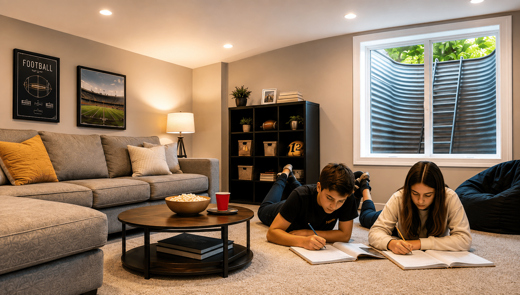 Kids doing homework in a finished basement with an egress window providing a safe emergency exit, natural sunlight and fresh air.
