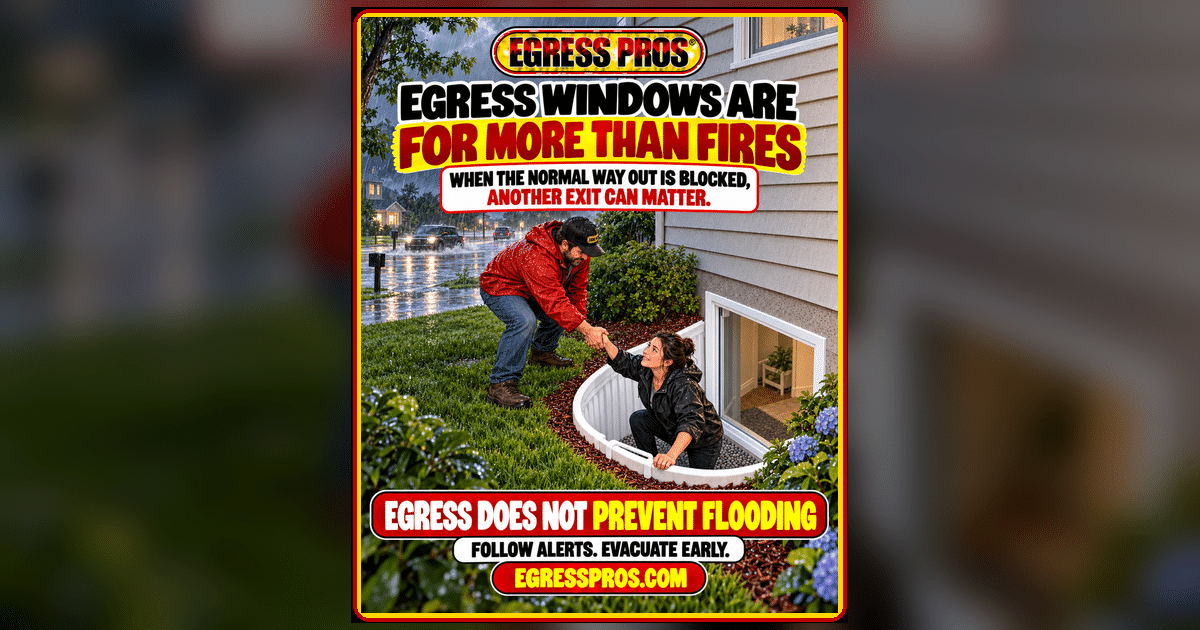 Man helping a woman climb out of a basement egress window during heavy rain, showing how egress windows can provide an emergency escape route.